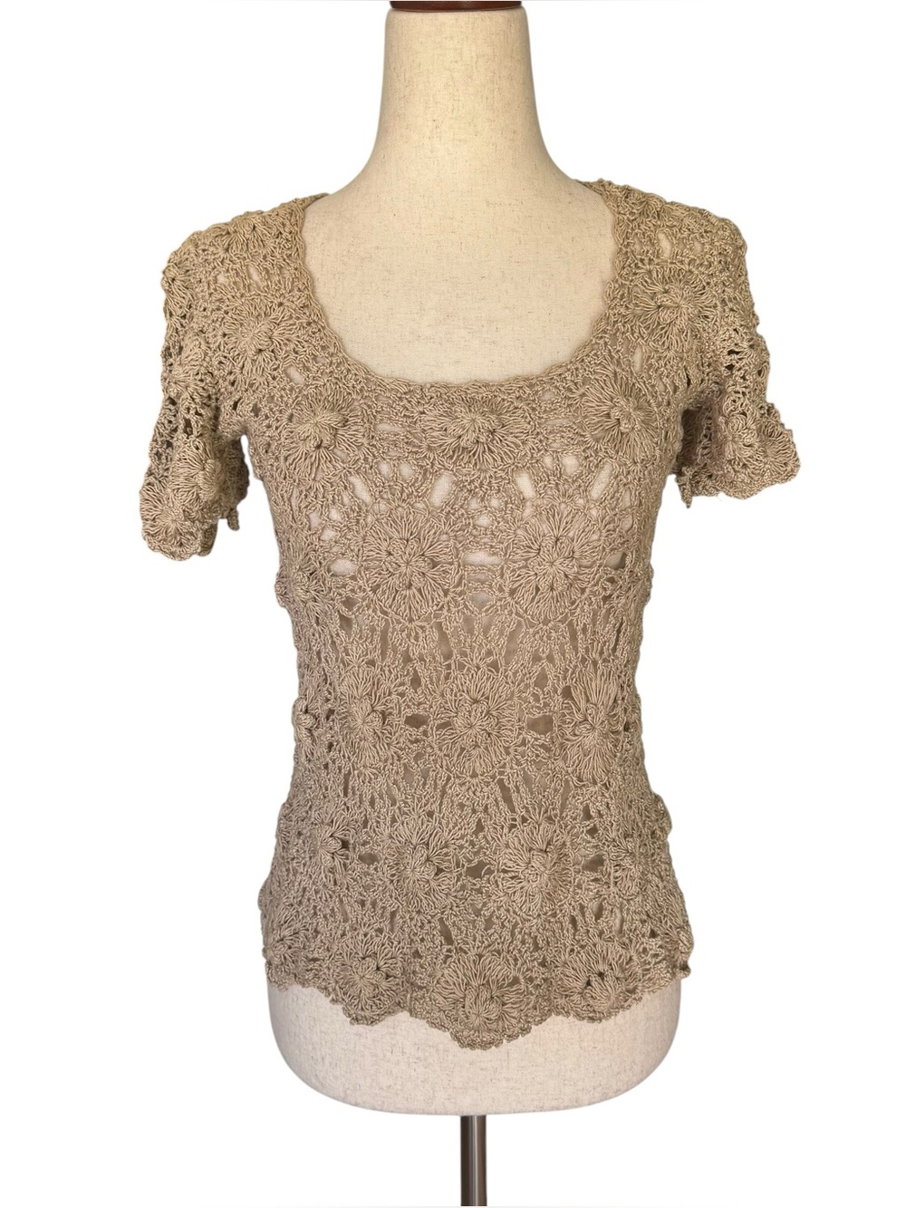 Vintage Beige Hand Crochet Short Sleeve Top Boho Cottage Romance Small